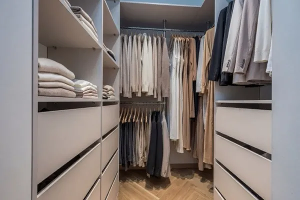 Staged modern wooden wardrobe closet interior after AI restyling