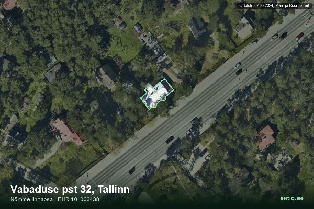 Vabaduse pst 32, Tallinn – аэрофото дома, контур по данным регистра строений (EHR)