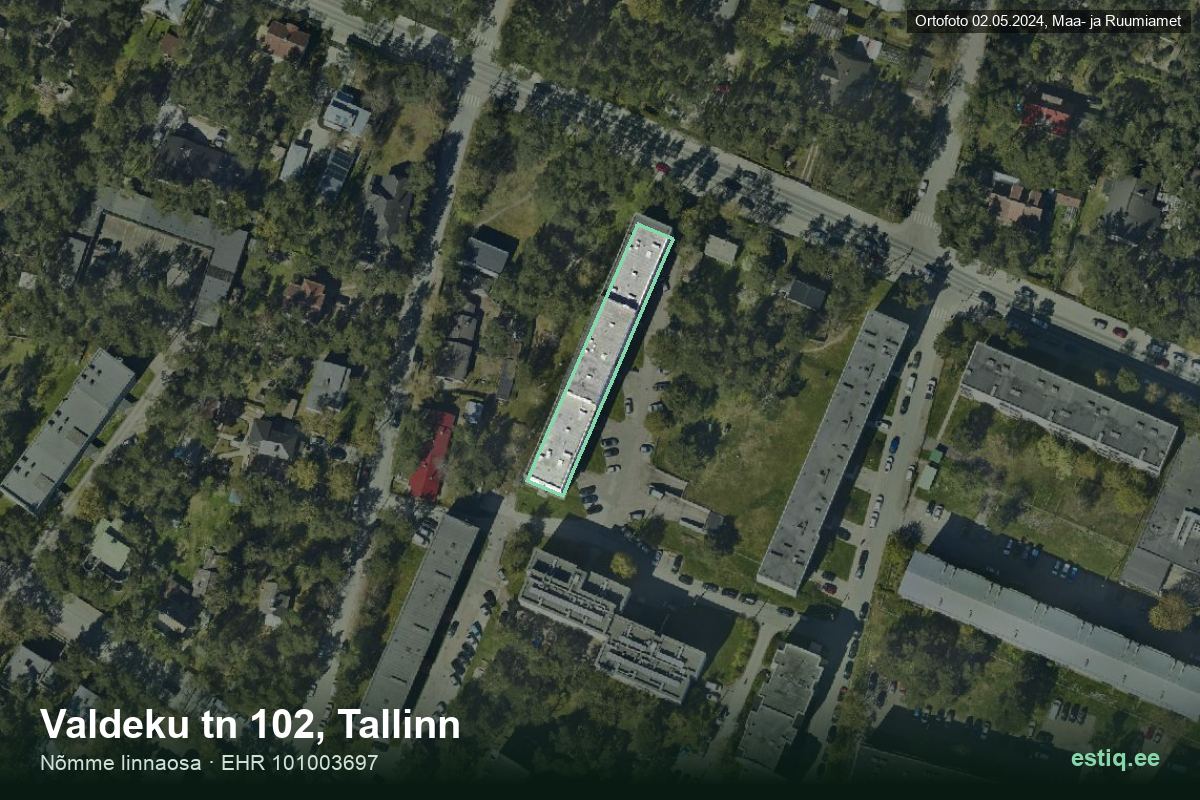 Valdeku tänav 102, Tallinn – hoone aerofoto, kontuur ehitisregistri (EHR) andmetest