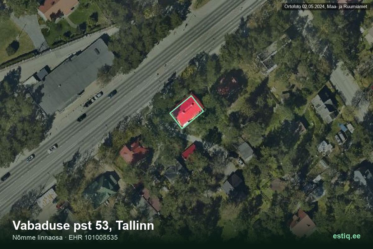 Vabaduse pst 53, Tallinn – аэрофото дома, контур по данным регистра строений (EHR)