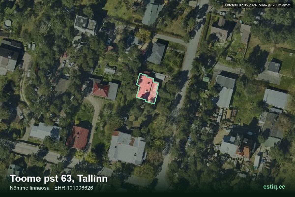 Toome pst 63, Tallinn – аэрофото дома, контур по данным регистра строений (EHR)