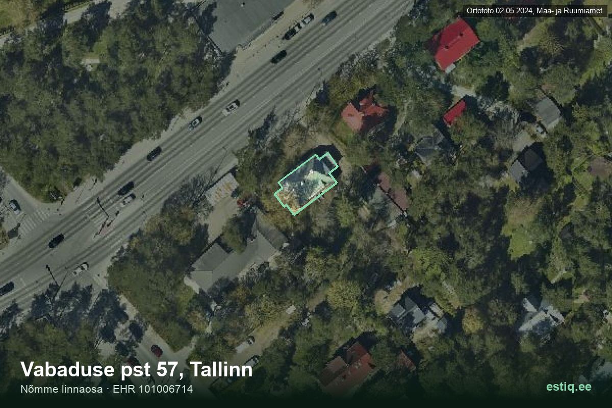 Vabaduse pst 57, Tallinn – аэрофото дома, контур по данным регистра строений (EHR)