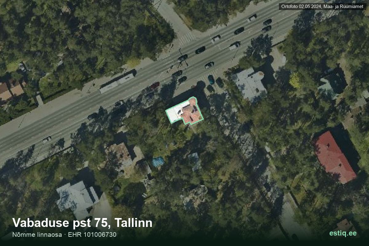 Vabaduse pst 75, Tallinn – аэрофото дома, контур по данным регистра строений (EHR)
