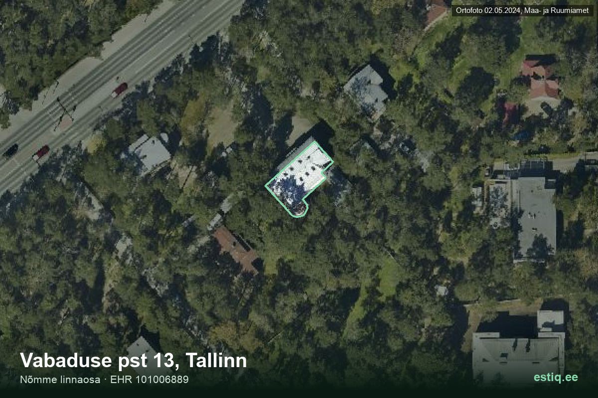 Vabaduse pst 13, Tallinn – аэрофото дома, контур по данным регистра строений (EHR)