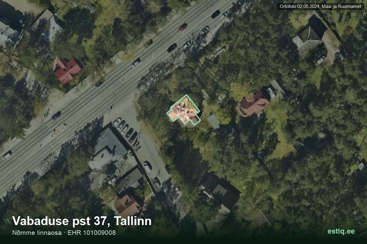 Vabaduse pst 37, Tallinn – аэрофото дома, контур по данным регистра строений (EHR)