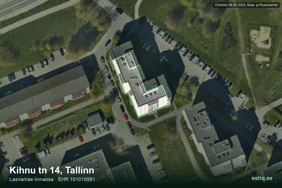 Kihnu tänav 14, Tallinn – аэрофото дома, контур по данным регистра строений (EHR)