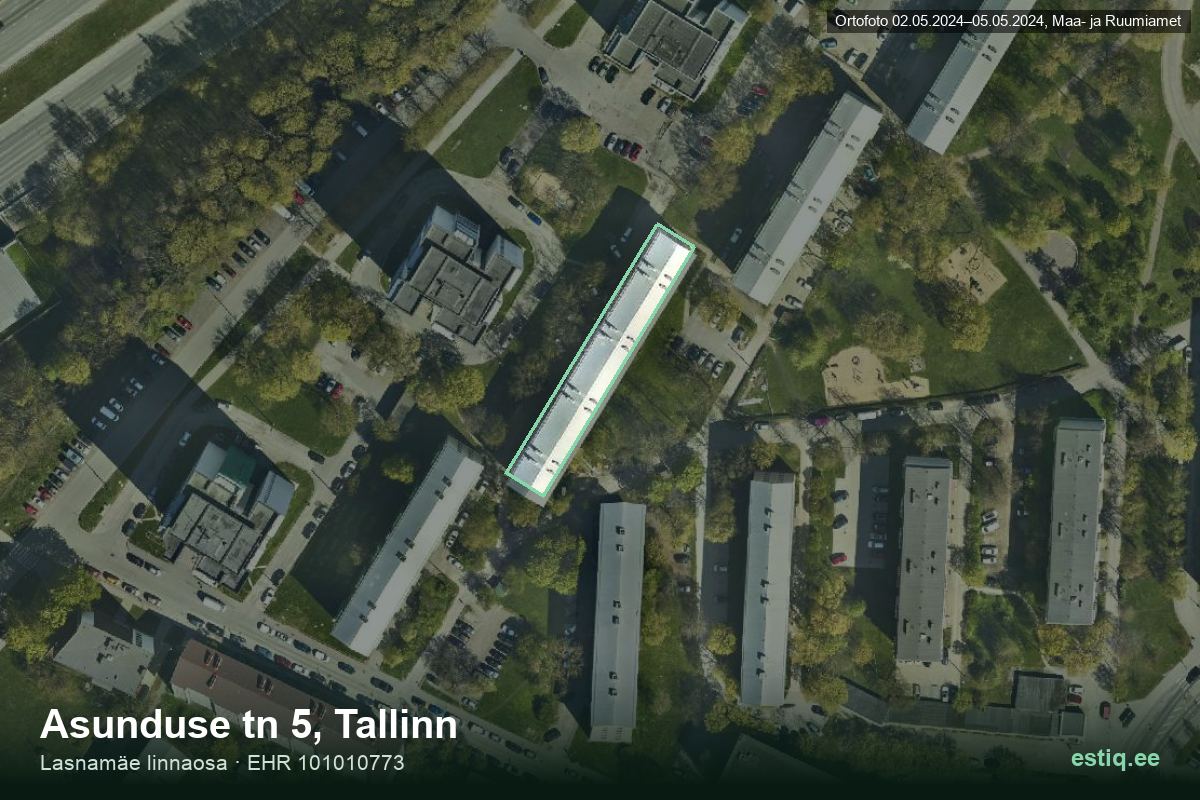 Asunduse tänav 5, Tallinn – hoone aerofoto, kontuur ehitisregistri (EHR) andmetest