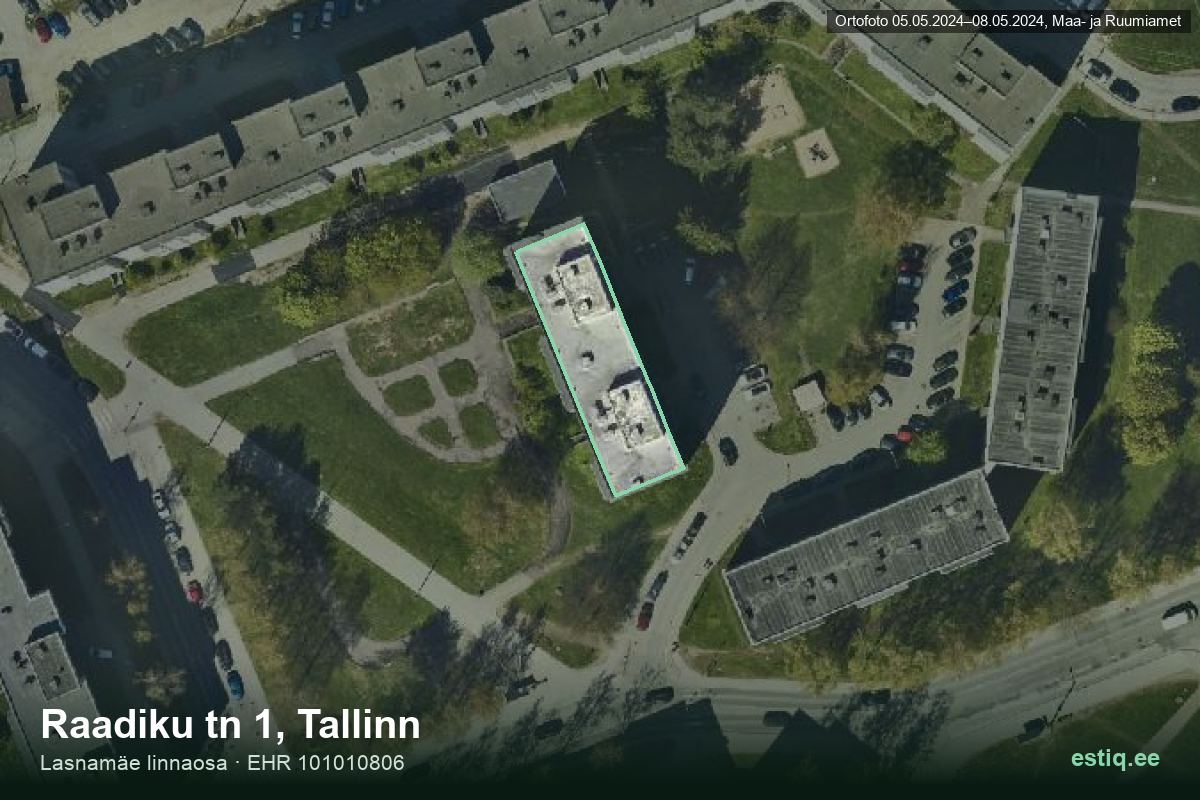 Raadiku tänav 1, Tallinn – hoone aerofoto, kontuur ehitisregistri (EHR) andmetest