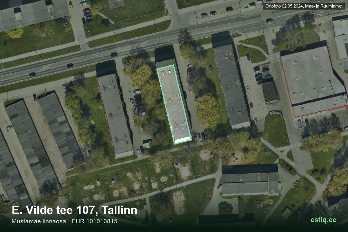 E. Vilde tee 107, Tallinn – hoone aerofoto, kontuur ehitisregistri (EHR) andmetest