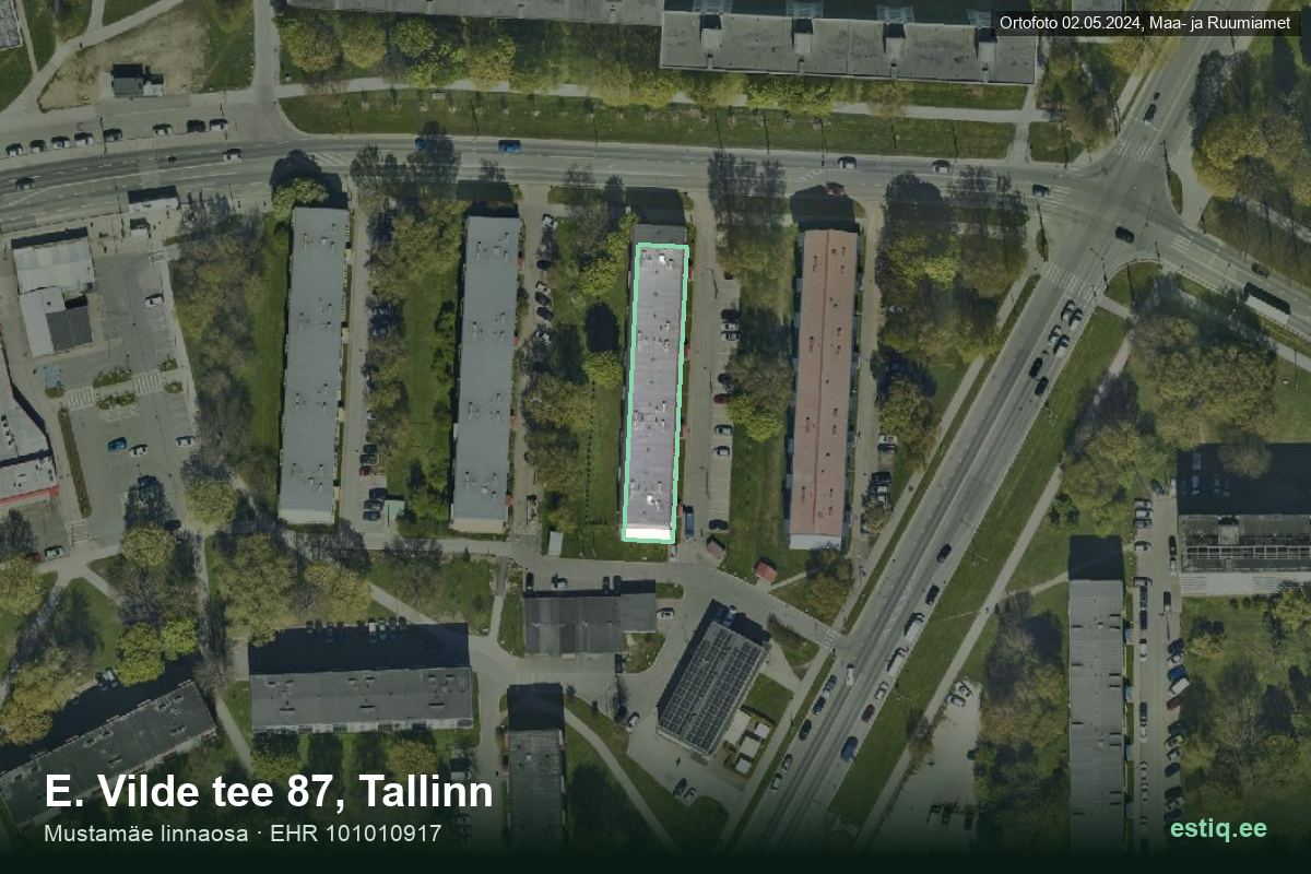 E. Vilde tee 87, Tallinn – hoone aerofoto, kontuur ehitisregistri (EHR) andmetest