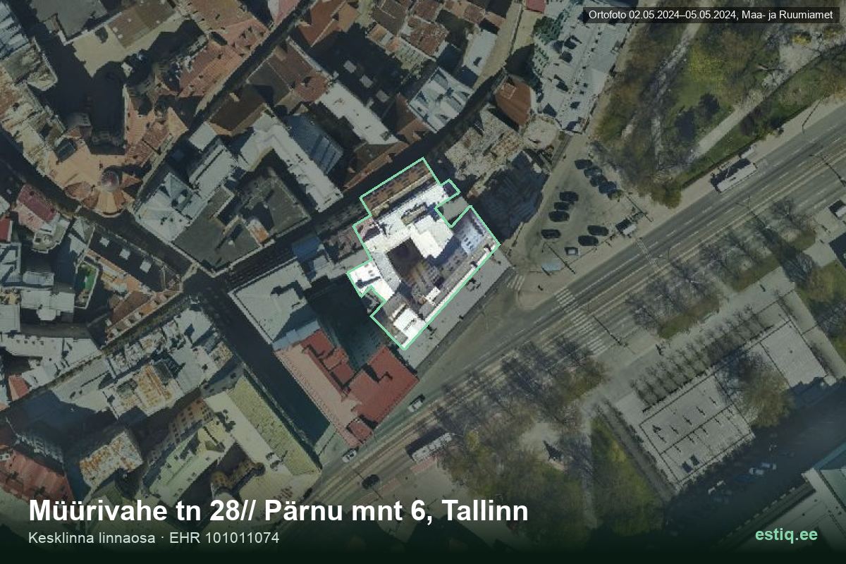 Pärnu mnt 6, Tallinn – hoone aerofoto, kontuur ehitisregistri (EHR) andmetest