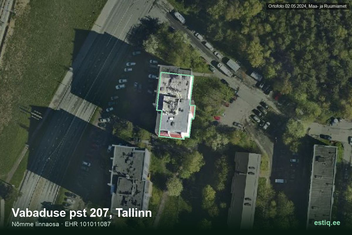 Vabaduse pst 207, Tallinn – аэрофото дома, контур по данным регистра строений (EHR)