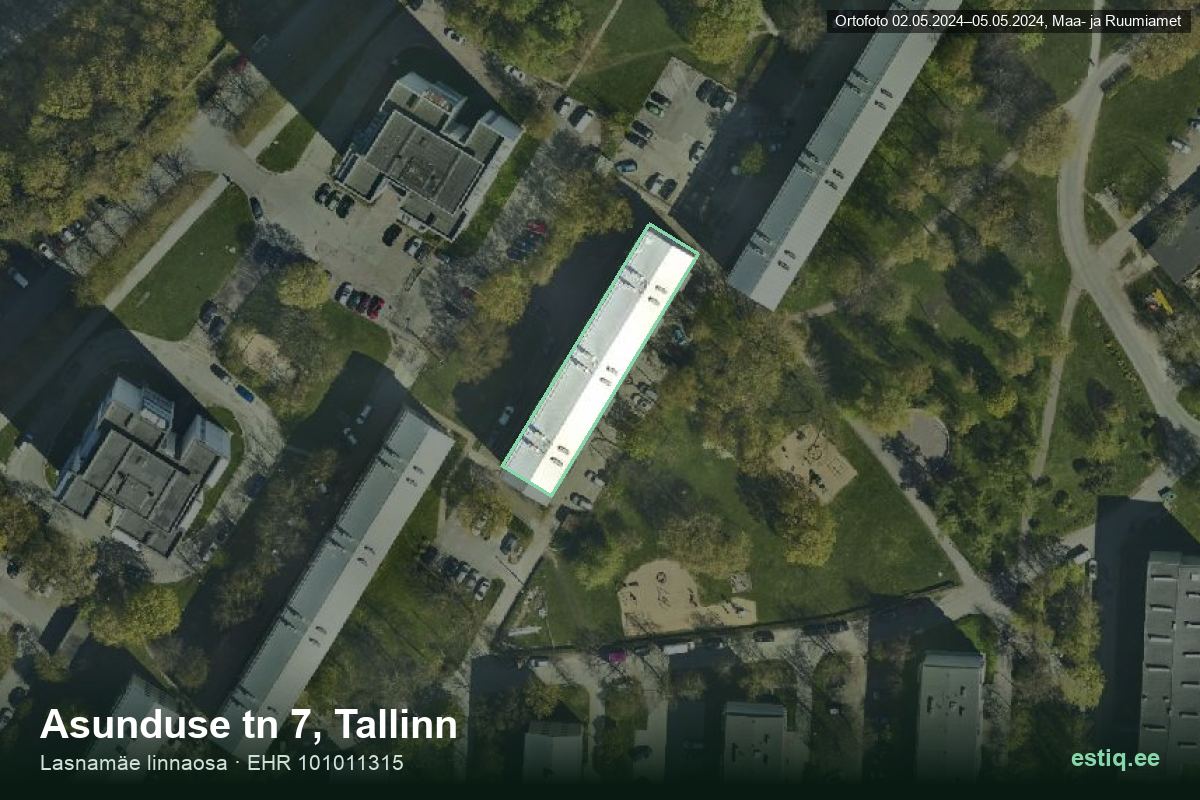 Asunduse tänav 7, Tallinn – hoone aerofoto, kontuur ehitisregistri (EHR) andmetest