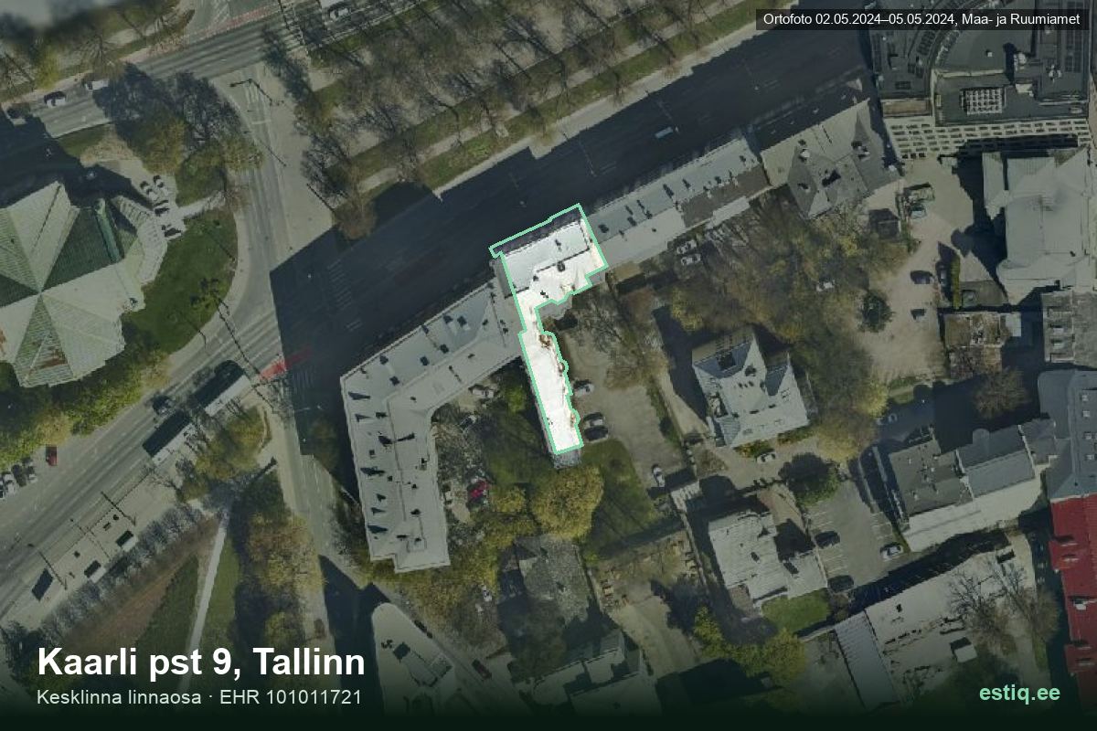 Kaarli pst 9, Tallinn – аэрофото дома, контур по данным регистра строений (EHR)
