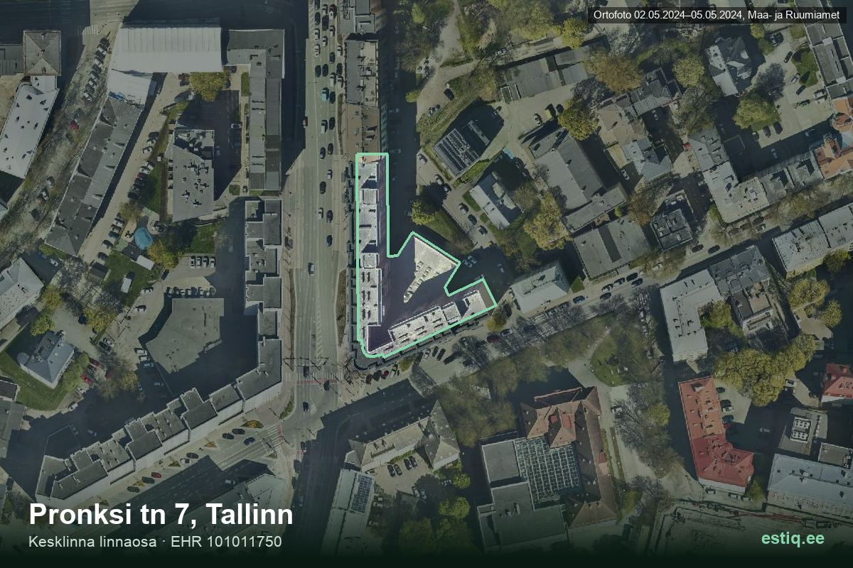 Pronksi tänav 7, Tallinn – ilmakuva rakennuksesta, ääriviiva rakennusrekisteristä (EHR)