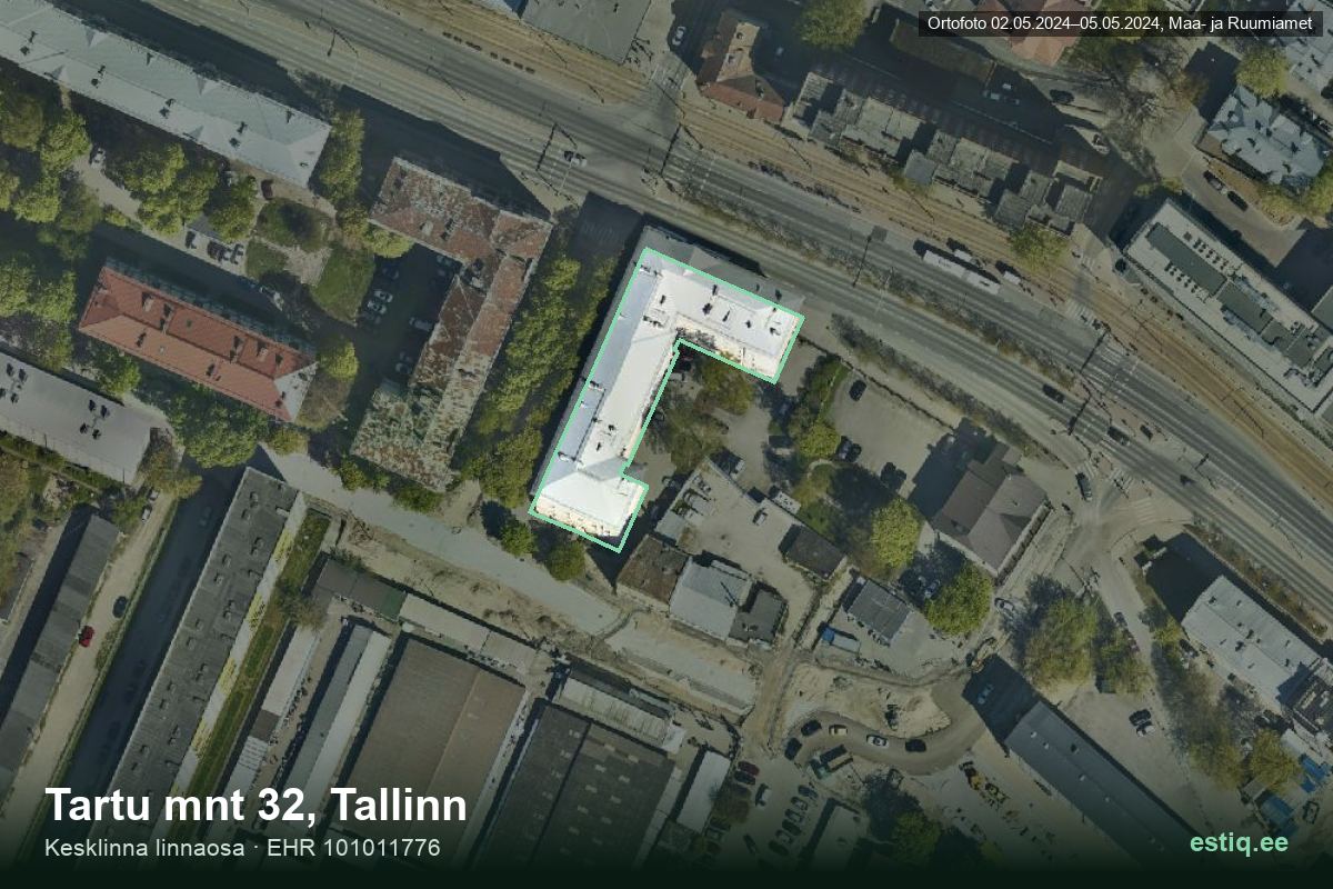 Tartu mnt 32, Tallinn – аэрофото дома, контур по данным регистра строений (EHR)