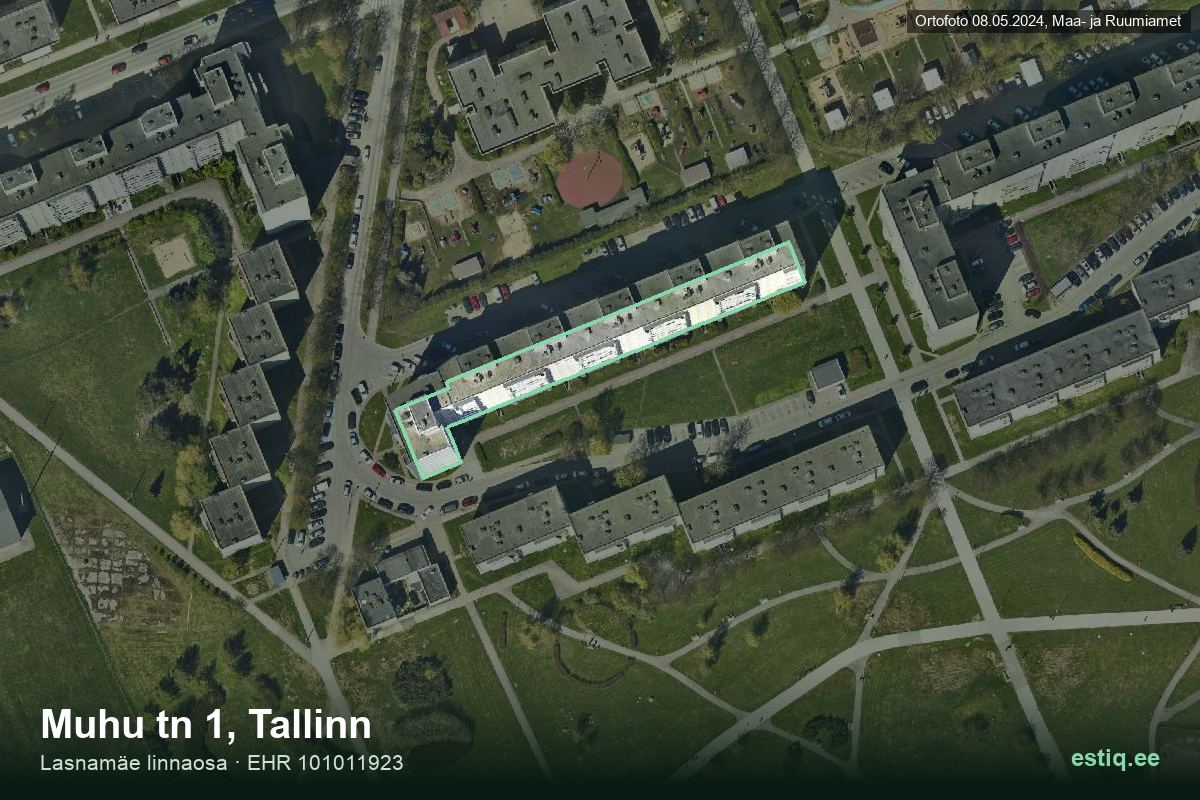 Muhu tänav 1, Tallinn – hoone aerofoto, kontuur ehitisregistri (EHR) andmetest
