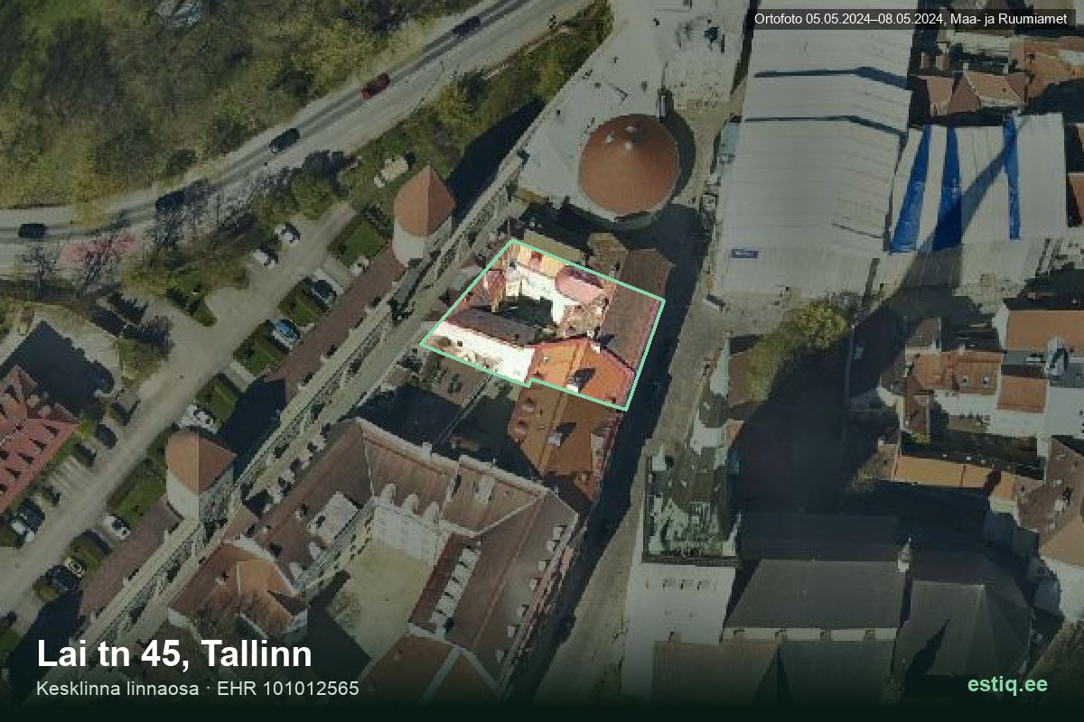 Lai tänav 45, Tallinn – аэрофото дома, контур по данным регистра строений (EHR)