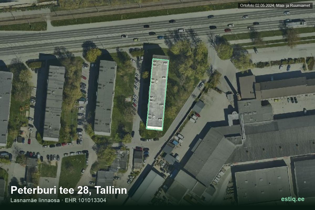 Peterburi tee 28, Tallinn – аэрофото дома, контур по данным регистра строений (EHR)