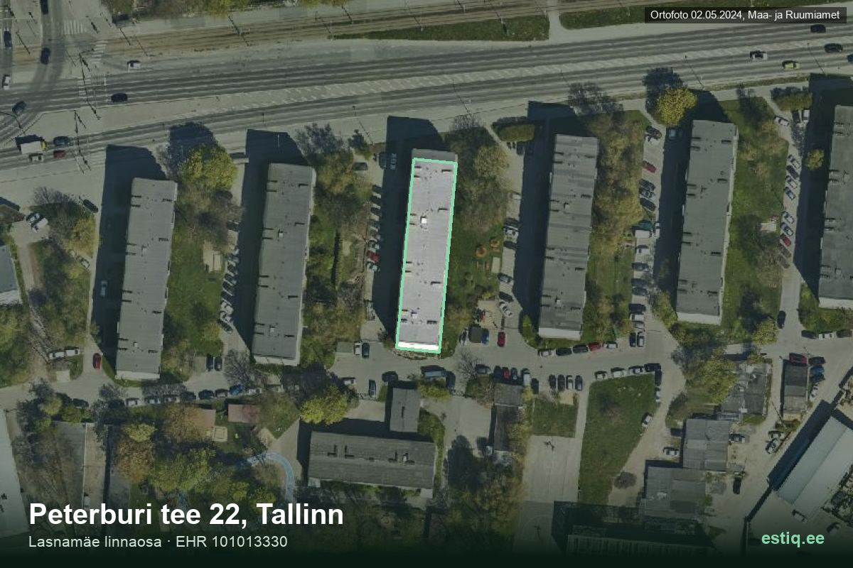 Peterburi tee 22, Tallinn – аэрофото дома, контур по данным регистра строений (EHR)