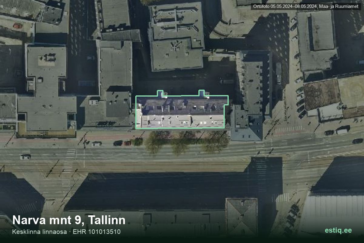 Narva mnt 9, Tallinn – ilmakuva rakennuksesta, ääriviiva rakennusrekisteristä (EHR)