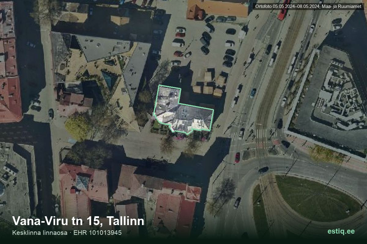 Vana-Viru tänav 15, Tallinn – аэрофото дома, контур по данным регистра строений (EHR)