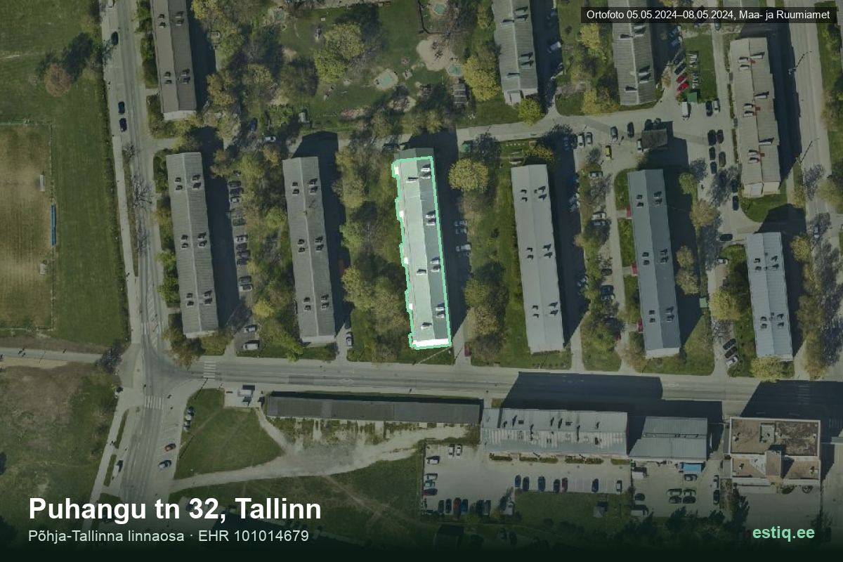 Puhangu tänav 32, Tallinn – hoone aerofoto, kontuur ehitisregistri (EHR) andmetest