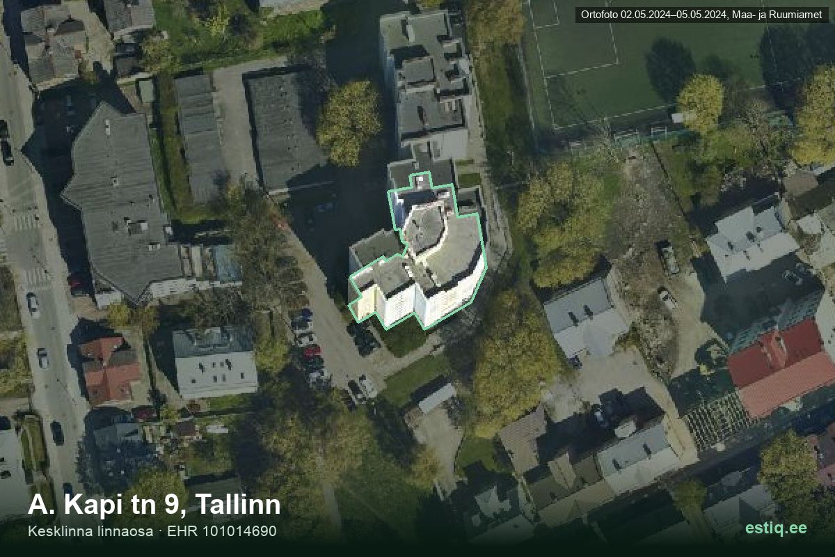 A. Kapi tänav 9, Tallinn – аэрофото дома, контур по данным регистра строений (EHR)