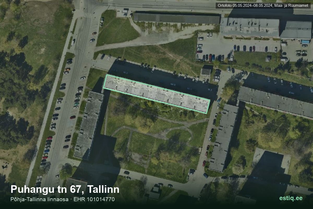 Puhangu tänav 67, Tallinn – hoone aerofoto, kontuur ehitisregistri (EHR) andmetest