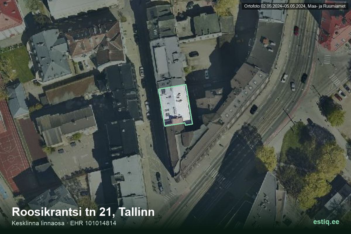 Roosikrantsi tänav 21, Tallinn – ilmakuva rakennuksesta, ääriviiva rakennusrekisteristä (EHR)