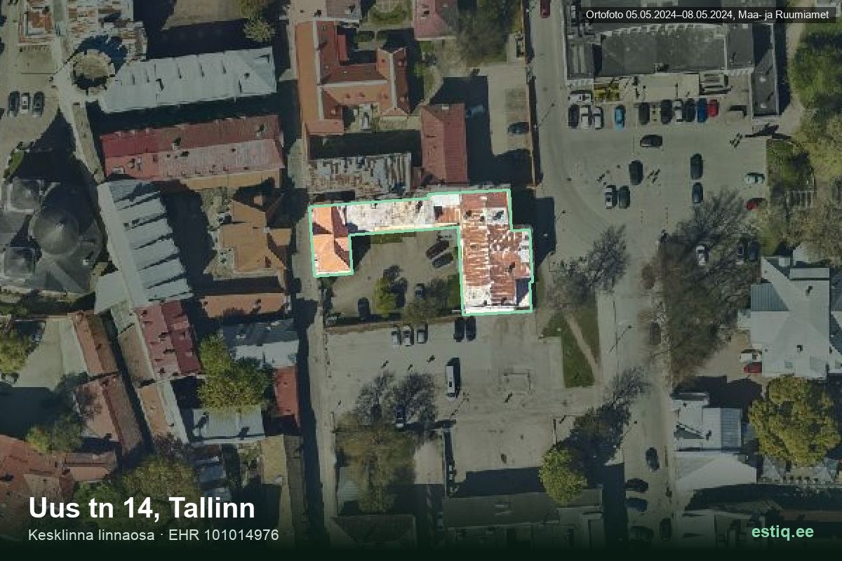 Uus tänav 14, Tallinn – ilmakuva rakennuksesta, ääriviiva rakennusrekisteristä (EHR)