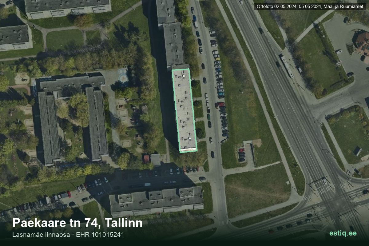 Paekaare tänav 74, Tallinn – ilmakuva rakennuksesta, ääriviiva rakennusrekisteristä (EHR)