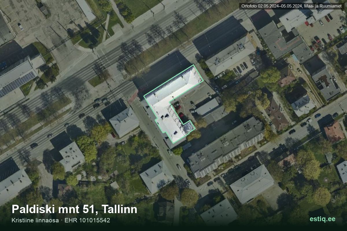 Paldiski mnt 51, Tallinn – аэрофото дома, контур по данным регистра строений (EHR)