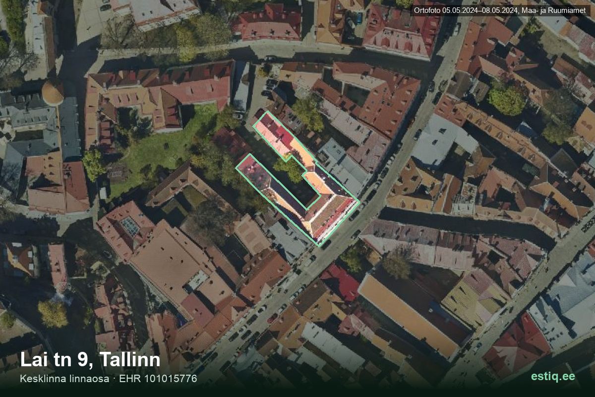 Lai tänav 9, Tallinn – ilmakuva rakennuksesta, ääriviiva rakennusrekisteristä (EHR)