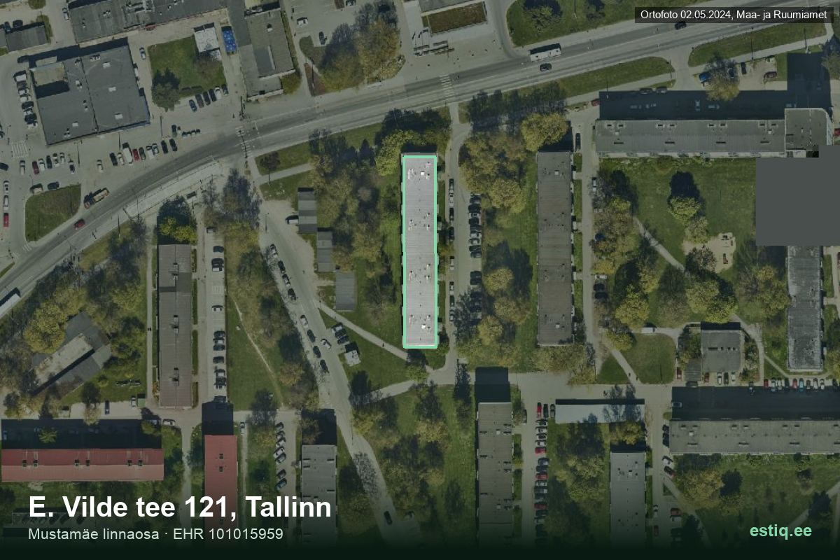 E. Vilde tee 121, Tallinn – hoone aerofoto, kontuur ehitisregistri (EHR) andmetest