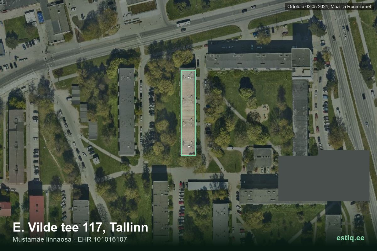 E. Vilde tee 117, Tallinn – hoone aerofoto, kontuur ehitisregistri (EHR) andmetest