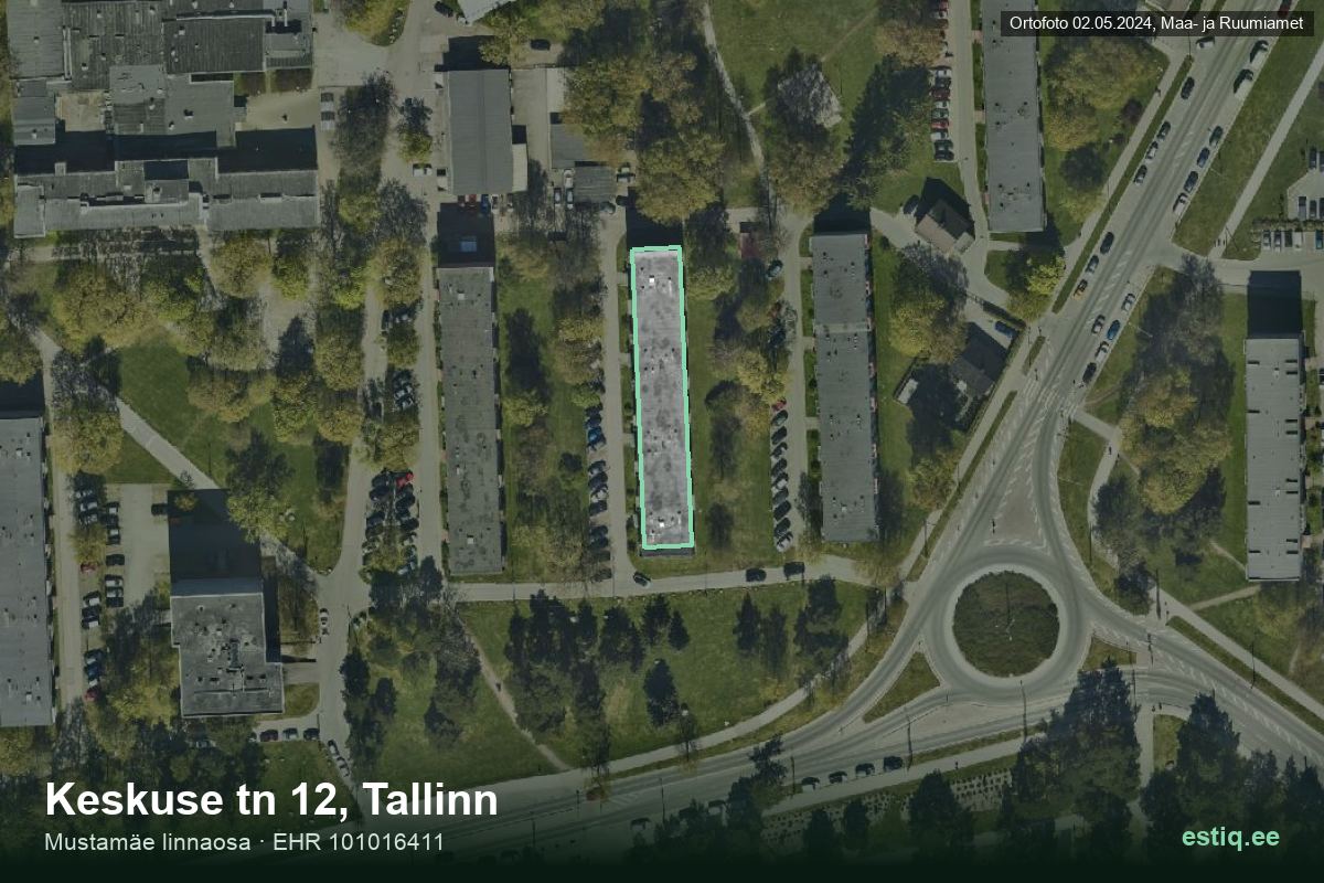 Keskuse tänav 12, Tallinn – hoone aerofoto, kontuur ehitisregistri (EHR) andmetest
