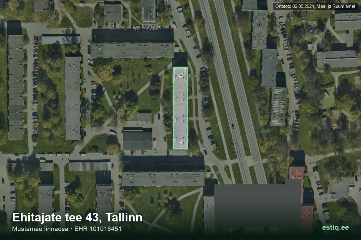 Ehitajate tee 43, Tallinn – hoone aerofoto, kontuur ehitisregistri (EHR) andmetest