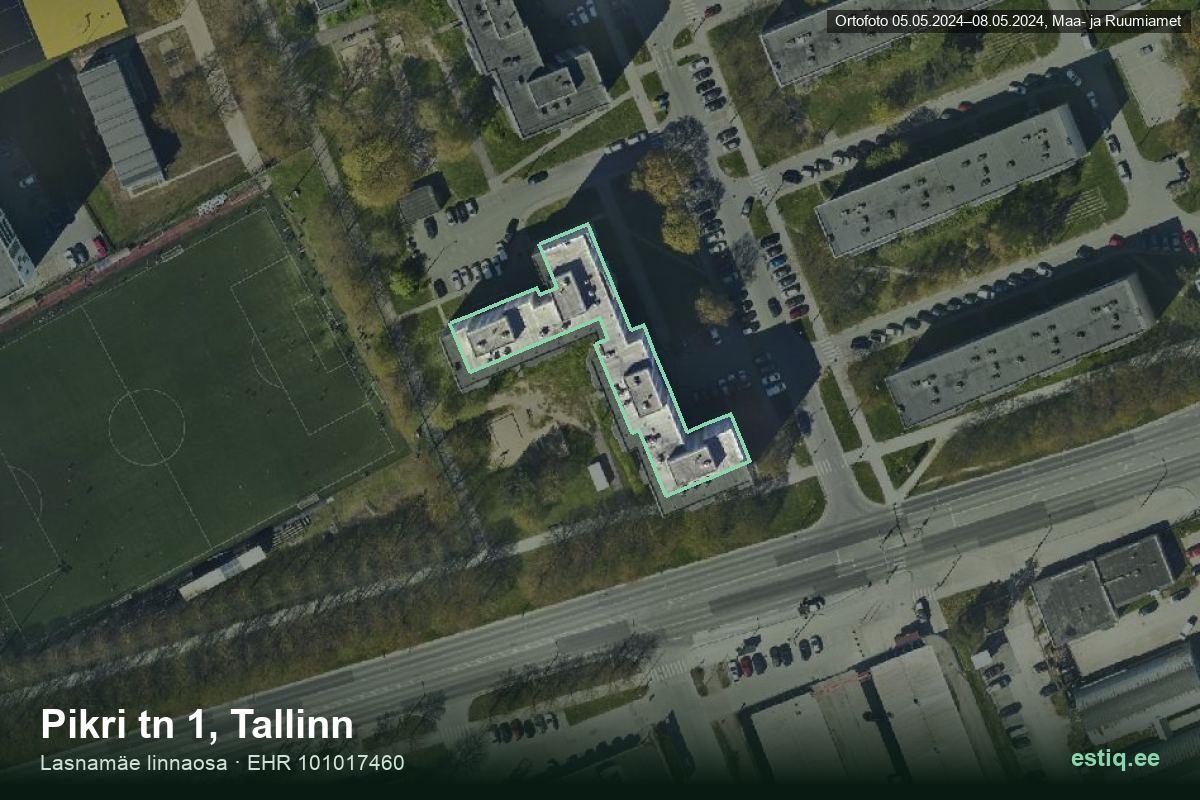 Pikri tänav 1, Tallinn – hoone aerofoto, kontuur ehitisregistri (EHR) andmetest