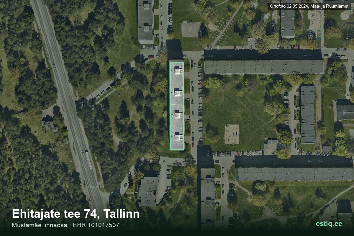 Ehitajate tee 74, Tallinn – hoone aerofoto, kontuur ehitisregistri (EHR) andmetest