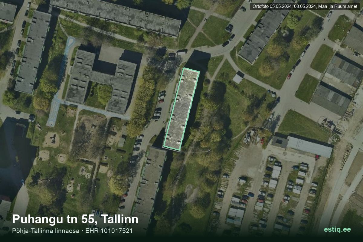 Puhangu tänav 55, Tallinn – hoone aerofoto, kontuur ehitisregistri (EHR) andmetest