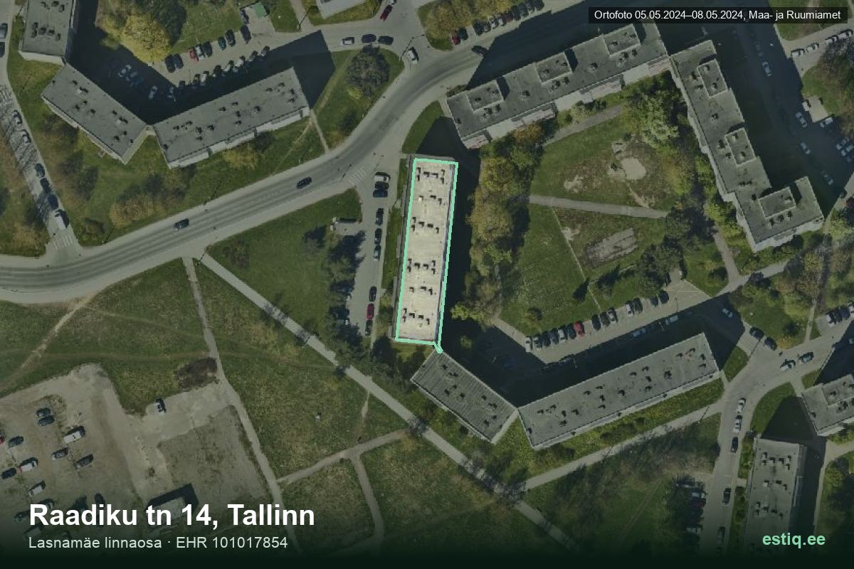 Raadiku tänav 14, Tallinn – hoone aerofoto, kontuur ehitisregistri (EHR) andmetest