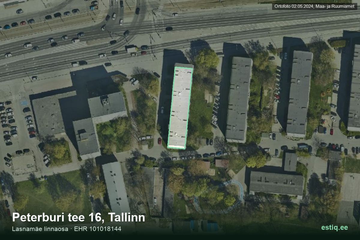 Peterburi tee 16, Tallinn – аэрофото дома, контур по данным регистра строений (EHR)