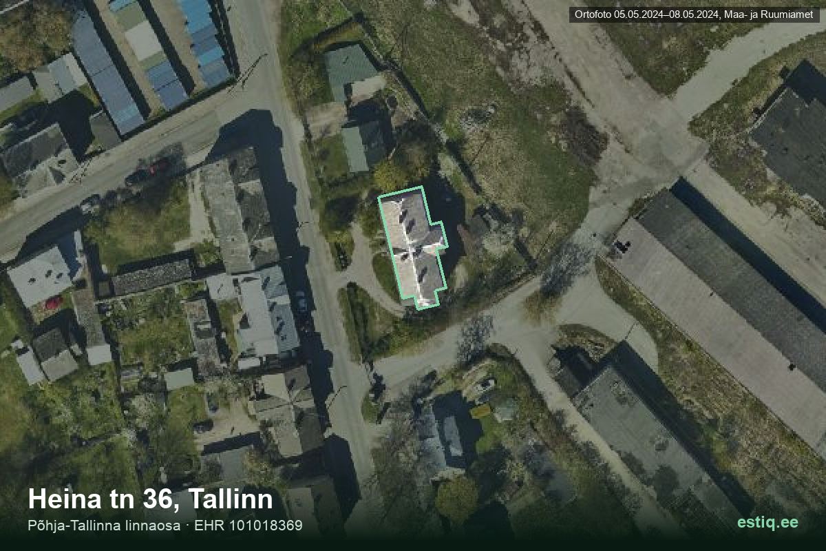 Heina tänav 36, Tallinn – аэрофото дома, контур по данным регистра строений (EHR)