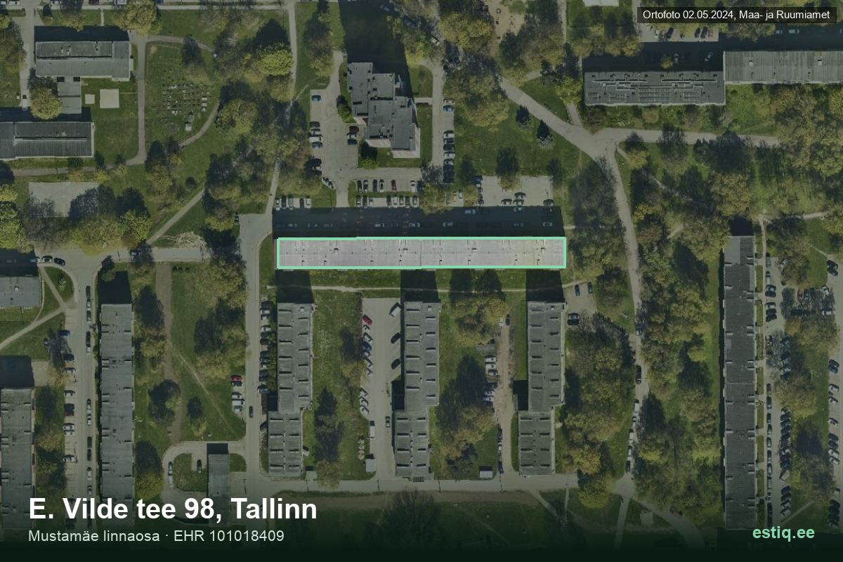 E. Vilde tee 98, Tallinn – hoone aerofoto, kontuur ehitisregistri (EHR) andmetest