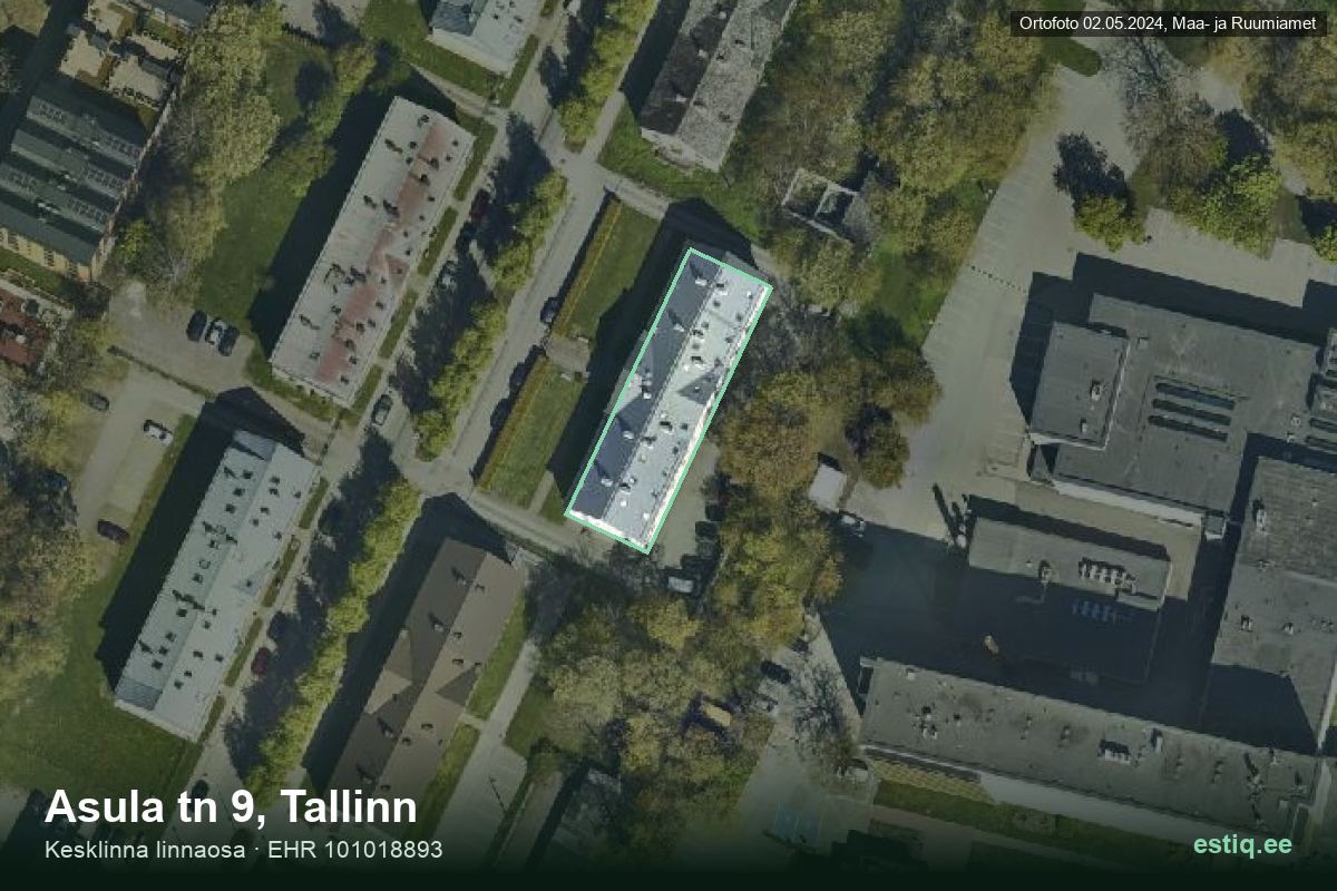 Asula tänav 9, Tallinn – hoone aerofoto, kontuur ehitisregistri (EHR) andmetest