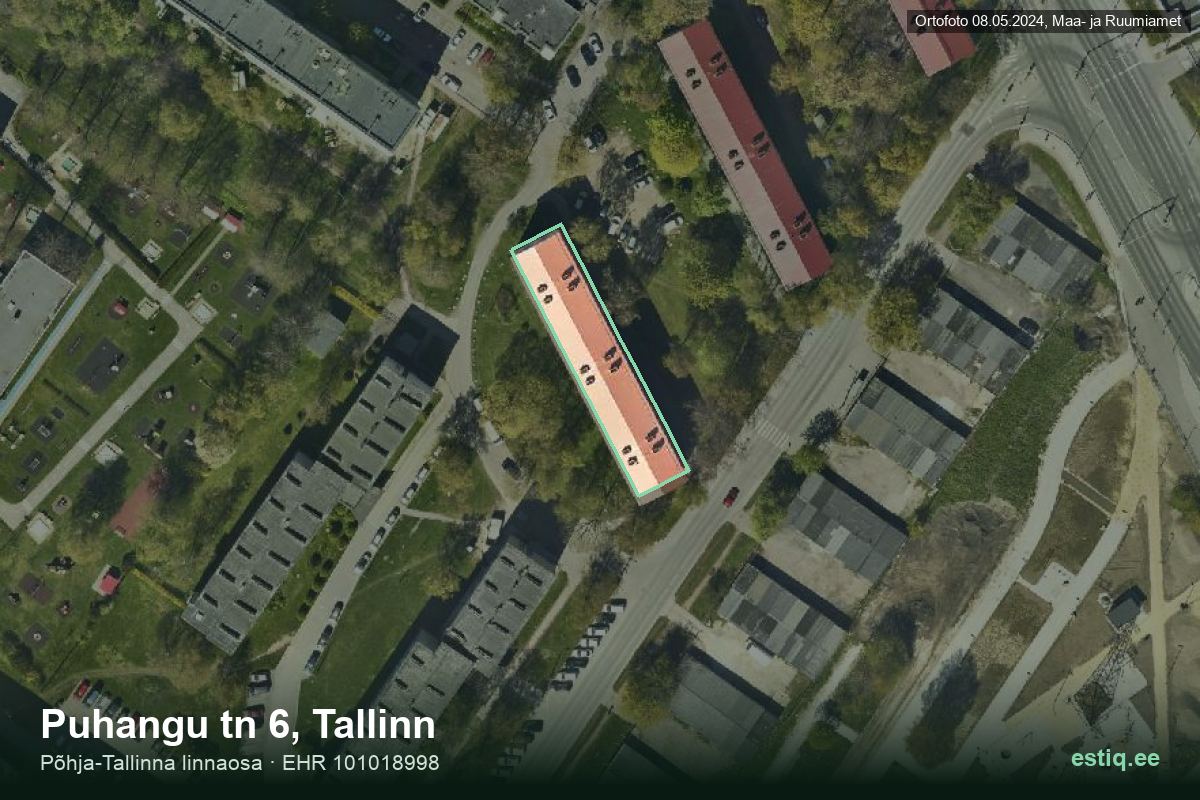 Puhangu tänav 6, Tallinn – hoone aerofoto, kontuur ehitisregistri (EHR) andmetest