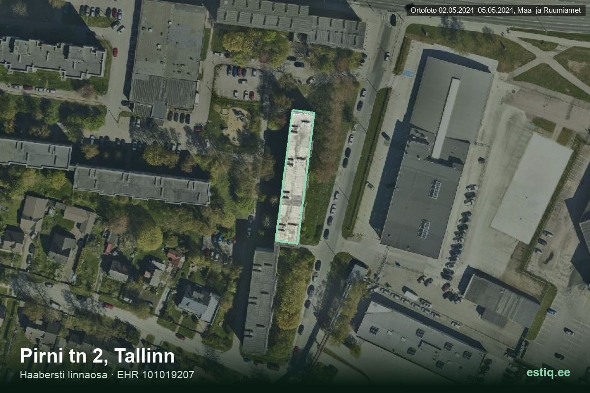Pirni tänav 2, Tallinn – hoone aerofoto, kontuur ehitisregistri (EHR) andmetest