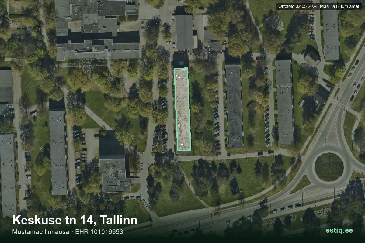 Keskuse tänav 14, Tallinn – hoone aerofoto, kontuur ehitisregistri (EHR) andmetest