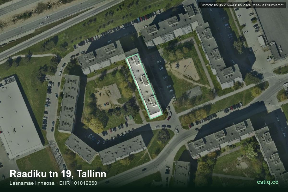 Raadiku tänav 19, Tallinn – hoone aerofoto, kontuur ehitisregistri (EHR) andmetest